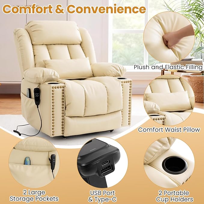 Oversized Power Lift Recliner Chair for Elderly Big and Tall, Dual Motor Heavy-Duty Lift Chair with Heat & Massage, Lay Flat Wide Recliner, USB-C, Cup Holders, Lumbar Pillow, PU Leather, Beige