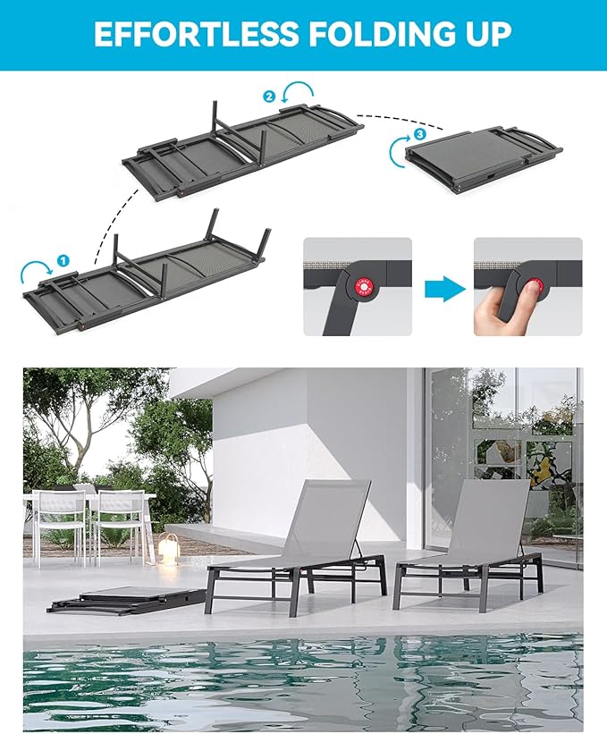 FHVIT Aluminum Chaise Lounge Chair Outdoor, Foldable Patio Lounge Chair 2 Sets Assemble-Free, Pool Lounge Chairs with 5 Adjustable Backrest, Outdoor Lounge Chairs for Outside Poolside Beach Lawn Grey