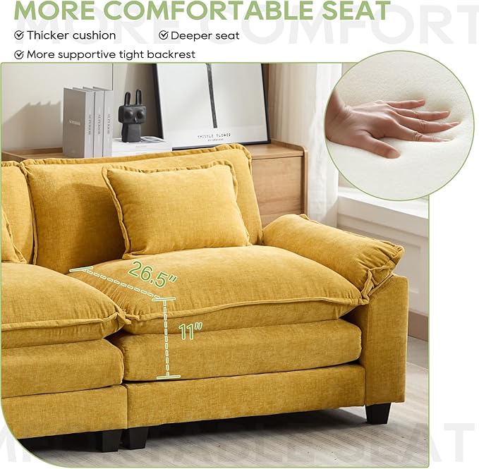 Oprisen Modular Sectional Sofa, Comfy Cloud Couch, Chenille Sofa Sleeper with Deep Seat and Throw Pillows for Living Room (Yellow, 53" - Single Seat)