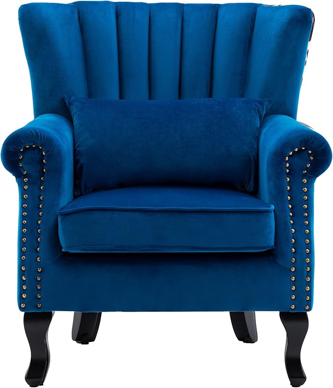 chairus Mid-Century Modern Accent Chair Comfy Single Sofa Chair Channel Back Armchair with Small Pillow for Living Roon Bedroom Club - Velvet, Blue