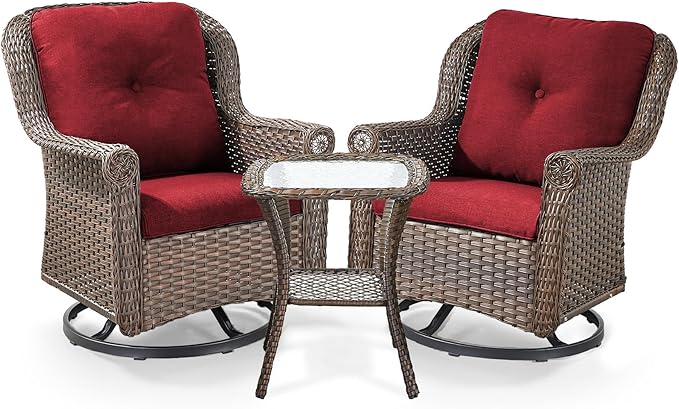 ACTREST 3 Piece Patio Swivel Chairs and Side Table Set - High Back Outdoor Brown Wicker Rattan Rocking Glider with Thick Cushions for Porch Apartment Deck Yard Poolside Garden - Red
