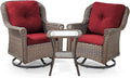 ACTREST 3 Piece Patio Swivel Chairs and Side Table Set - High Back Outdoor Brown Wicker Rattan Rocking Glider with Thick Cushions for Porch Apartment Deck Yard Poolside Garden - Red
