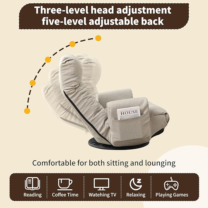 Swivel Lazy Floor Chair, Adjustable Reclining Floor Lounger with Head & Back Support, Comfy Tatami Sofa Seat for Adults Bedroom & Gaming