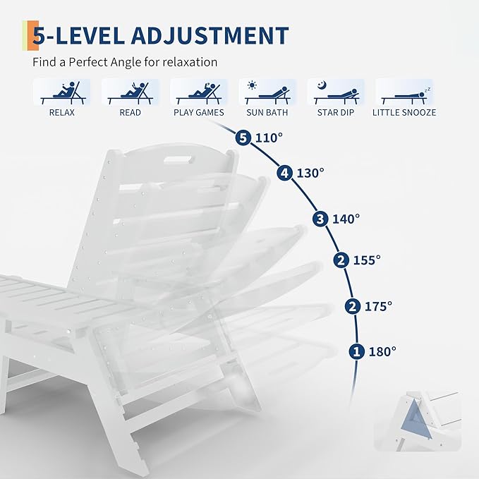 GarveeLife Outdoor HDPE Chaise Lounge, Oversize HDPE 5-Position Pool Lounge Chairs, Pool Lounges Chairs