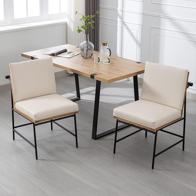 LukeAlon Mid Century PU Leather Dining Chairs Set of 4, Upholstered Square Back Kitchen Chairs with Metal Legs Armless Parsons Chairs with Wood Frame for Dining Room Reception Room, Beige