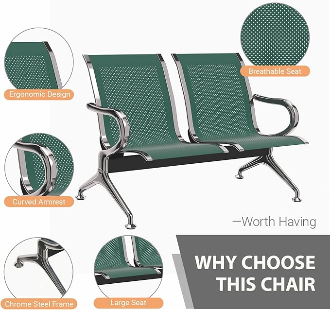 Kinfant 2-Seat Waiting Room Chair - Office Guest Reception Chairs with Ergonomic Backrests, Airport Waiting Bench with Armrests, Metal Waiting Furniture for Hospital, Bank (Dark Green, Set of 2)