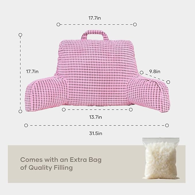 NOONTIDE Reading Pillow L-Size with Top Handle, Uniquely Designed Soft Fabric, Ergonomic Back Support for Bed, Couch & Reading, Comes with a Bag of Filling for Adjustable Firmness (Pink)