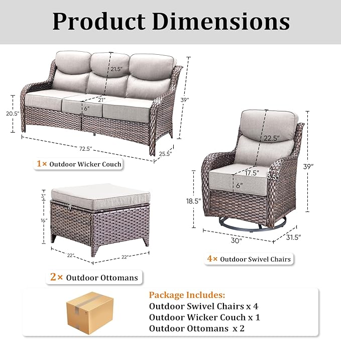 Pugire Luxury High Back Patio Furniture Set with 6-Inch Thick Cushions, 7-Pieces Outdoor Furniture with Swivel Chairs, Wicker Conversation Set for Porch, Balcony, Deck and Yard, Brown/Beige