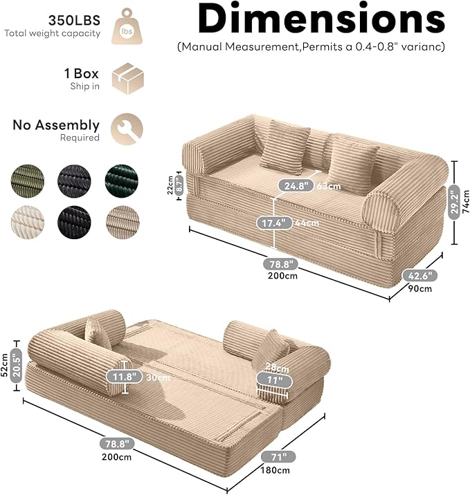 Tbfit 79'' Convertible Sofa Bed, Oversized Corduroy Folding Boneless Couch, Futon Mattress Sleeper Sofa, Comfy Foldable Upholstered Floor Couches for Living Room, Khaki