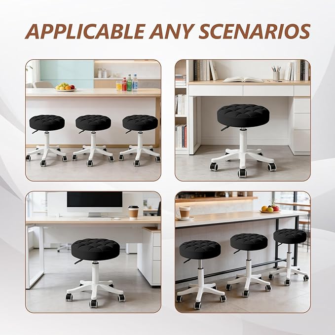 JPBSTO Small Rolling Stool with Wheels, PU Leather Height Adjustable Vanity Work Task Stool, 360 Swivel, Padded Seat Cushion,for Salon, Home, Office