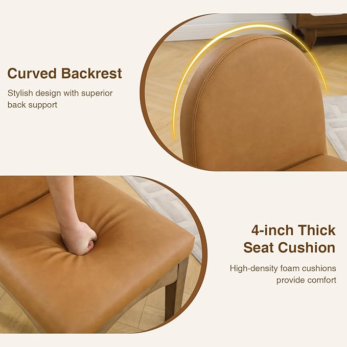 DUOMAY Modern Dining Chairs Set of 4, Mid Century Faux Leather Dining Room Chairs Upholstered Kitchen Chairs with Solid Rubberwood Legs, Armless Accent Side Chairs, Brown