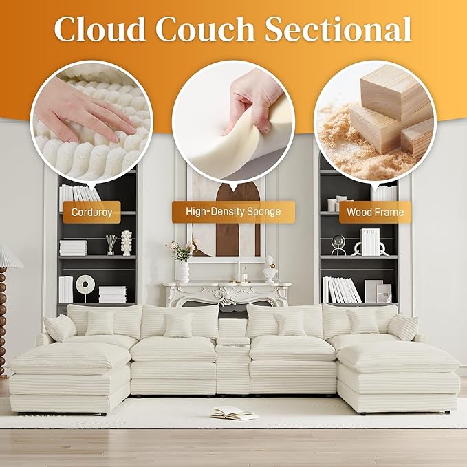 HYJT-H&K 145" U Shaped Cloud Couch Modular Beige Sectional Couches for Living Room, Comfy Fluffy Corduroy Oversized Cloud Sectional Couch Large 6 Seat Sectionals Sofa Set Central Console USB Port