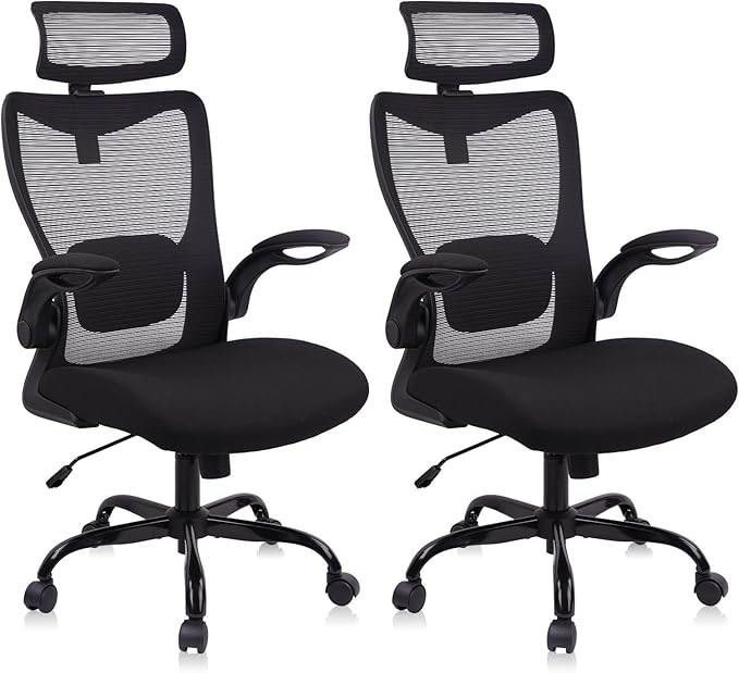 CLATINA Heavy Duty Ergonomic Mesh Office Chair 400LBS, Big and Tall Desk Chair with Adjustable Lumbar Support & Headrest, Flip Up Padded Arms, Swivel Computer Chair for Home, Conference, Black, 2 PACK