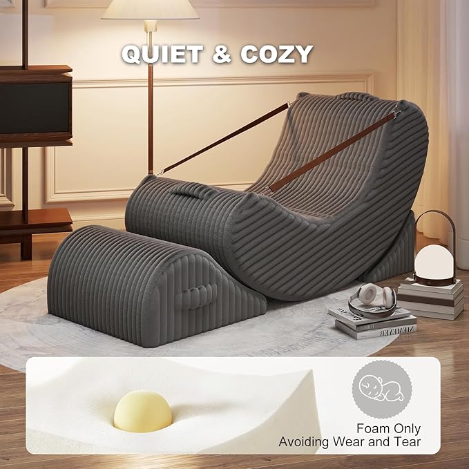 Gaint Bean Bag Chairs for Adults, Beanbag Lounge Filled with Memory Foam, Adjustable Angle, Corduroy Fabric, with Detachable Footrest for Bedroom, Living Room and Nursery(Grey)
