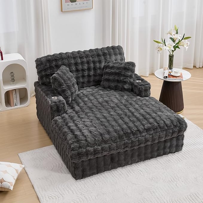 52.5 Inch Oversized Chaise Lounge Chair Indoor, Faux Fur Upholstered Sleeper Couch, Ergonomic Deep Seat Sleeper Sofa with Plush Pillows, Cup Holders, USB Port, Reading Chairs for Living Room/Dark Grey