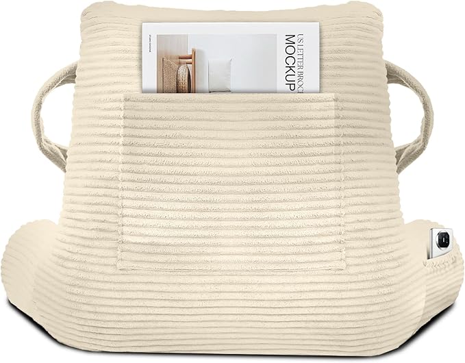 ABROLOY Reading Pillow for Sitting in Bed Adult, Bed Reading Pillow with Shredded Memory Foam, Back Pillow for Sitting with Arms and Pockets, Beige