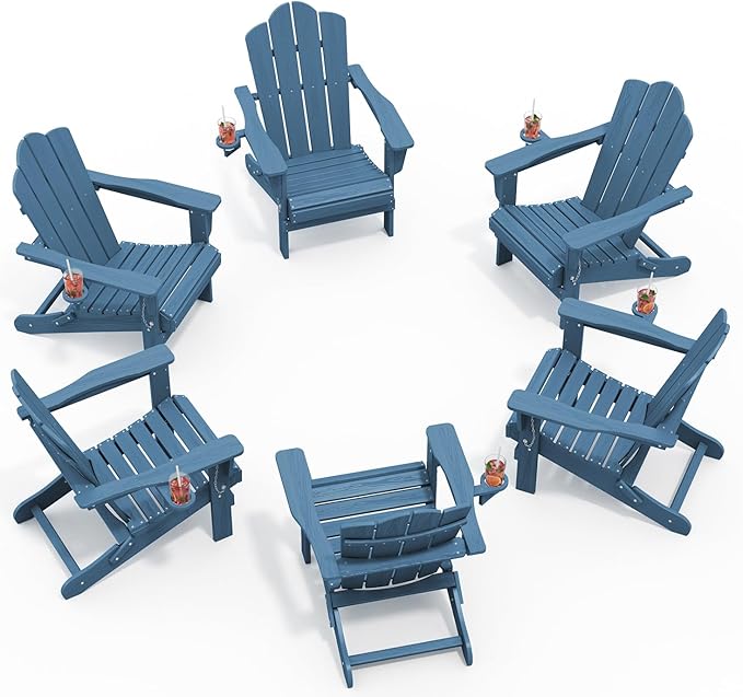 KINGYES Folding Adirondack Chair Set of 6, HDPE All-Weather Patio Chairs with Cup Holder, Wooden Textured Fire Pit Chairs for Poolside, Backyard, Deck, Navy