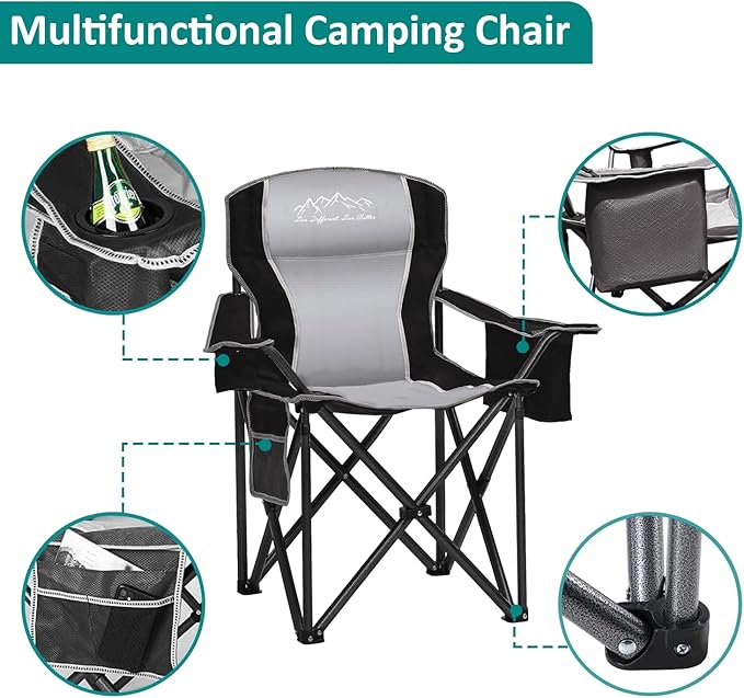 SAILARY Camping Chair Heavy Duty High Back Folding Chair with Cup Holder, 450lbs Capacity, Padded Seat, Cooler Bag & Storage Pocket, Portable for Outdoor, Beach, Fishing, Sports, 2 Pack Black