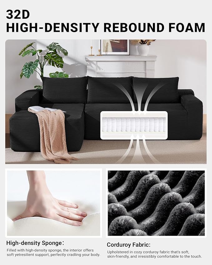 Vanress 97" Cloud Couch Sectional, Corduroy Boneless Couch with L-Shape Chaise,Modern Modular Sectional Sofa Comfy Deep Seat for Living Room, Bedroom, No Assembly (Black, Left Facing Chaise)
