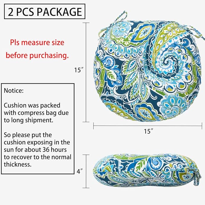 Magpie Fabrics Outdoor Round Bistro Seat Cushions with Ties, 15"x15"x4" Set of 2, Tufted Waterproof Barstool Chair Pads for Patio Home Garden Office, Paisley Lapis Green