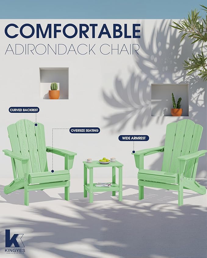 KINGYES Folding Adirondack Chair, HDPE All-Weather Patio Chairs, Wooden Textured Lawn Chair for Poolside, Backyard, Deck, Fire Pit, Light Green