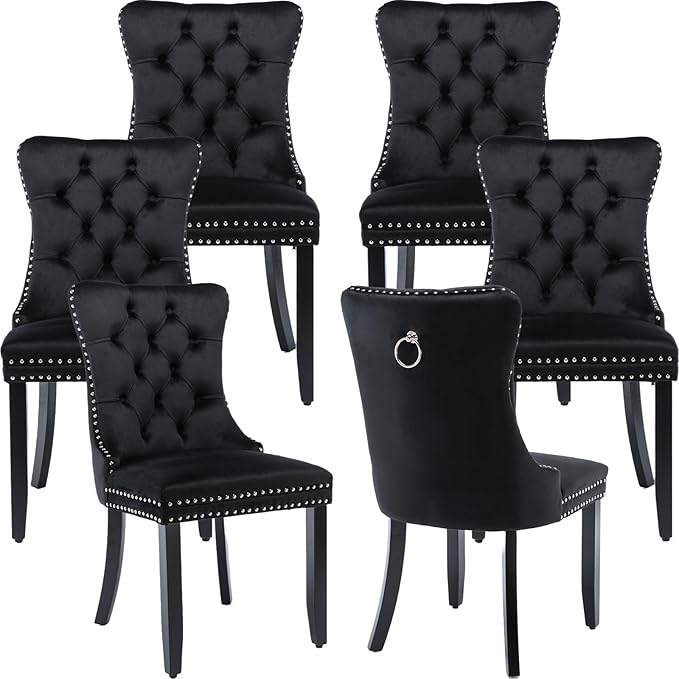 YeahFurn Black Mid Century Modern Dining Chairs Set of 6, Velvet Upholstered Kitchen & Dining Room Chairs with Nailhead Trim & Solid Wood Legs, Elegant Sillas De Comedor (Black, 6 Pcs)
