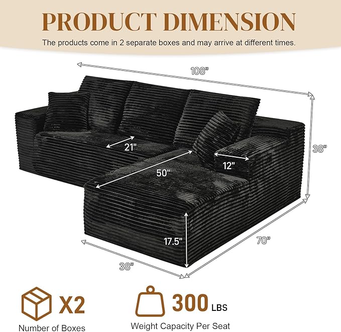 108" Boneless Cloud Sectional Couches for Living Room, Comfy Fluffy L Shaped Memory Foam Deep Seat Boneless Couch, Modular Sectional Sofa with Right Facing Chaise, Black