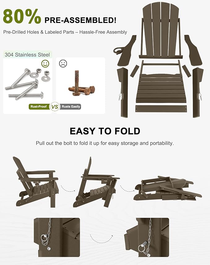 Folding Adirondack Chairs Set of 6 - Plastic Adirondack Chairs with Cup Holder, Weather Resistant for Outdoor, Patio, Lawn, Garden, Backyard Deck, Fire Pit - Dark Brown