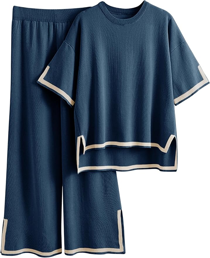 Faleave Womens Knit 2 Piece Sweater Sets Short Sleeve Pullover Tops Elastic Waist Wide Leg Pants Lounge Set