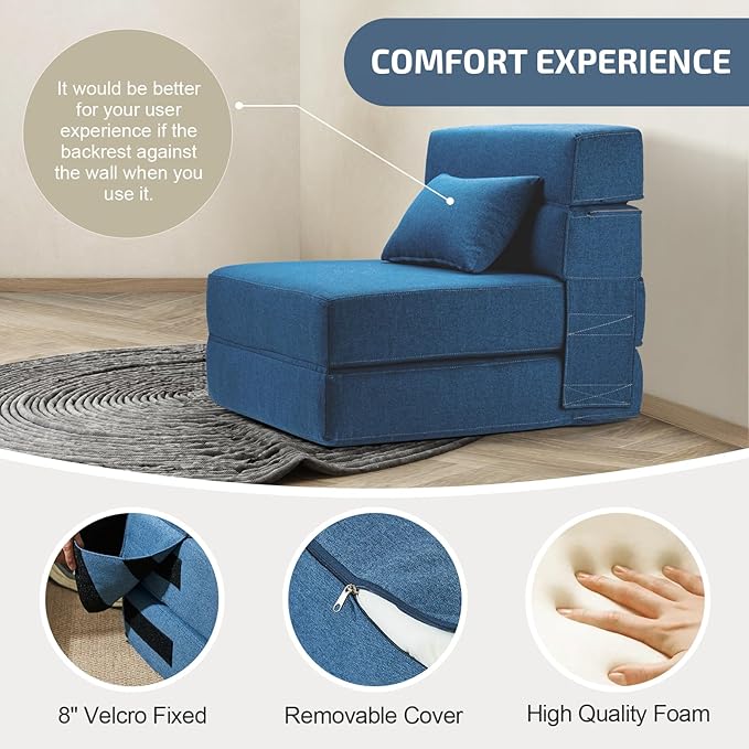 Folding Sofa Bed with Pillow- Convertible Chair Floor Couch & Sleeping Mattress, Foldable Memory Foam Sleeper for Living Room/Dorm/Guest Room/Home Office/Apartment/Loft, Single26, Indigo