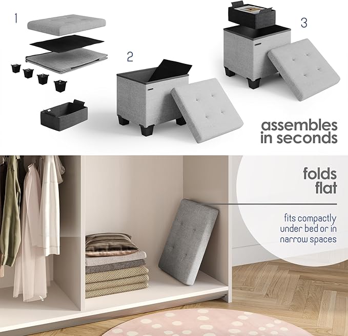 Storage Ottoman Cube with Small Bin, 16-in Square Ottoman with Storage for Living Room and Bedroom, Small Ottomans Foot Rest, Fabric Foot Stools Ottomans Max 330lbs, Light Grey