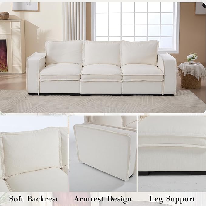 HEAY-YO 93 Inches Modern Modular Sectional Sofa,3-Seater Comfy Couch with High Density Foam and Armrests,Floor Sofa for Living Room Bedroom Apartment,Linen White