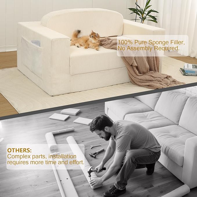 MeMoreCool Convertible Sofa Bed – Small Beige Fold Out Couch for Adults, Corduroy Floor Sleeper Loveseat Compact Trifold Sofa | Boneless Cloud Couch | No Assembly | Guest Bed for Bedroom & Apartment