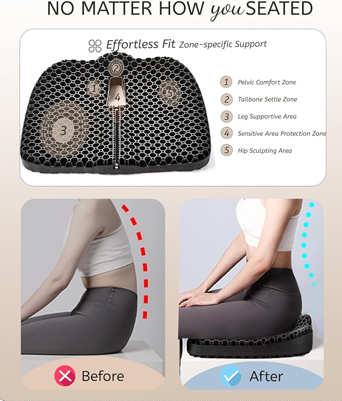 Anzeng Gel Seat Cushion for Long Sitting, Gel Cushion for Pressure Relief, Soft & Breathable, Chair Cushion for Office Chair, Car, Wheelchair, Seat Cushion with Non-Slip Black Cover