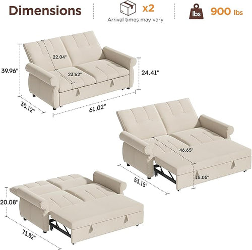 3 in 1 Sofa Bed, 61 Inch Convertible Pull out Couch with Four Pillows, Loveseat Sleeper Sofa with Adjustable Backrest, Sofa Couches for Living Room, Bedroom, Apartment, Chenille Fabric, Beige