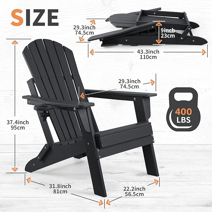 FUNBERRY Folding Adirondack Chair Set of 3, All Weather HDPE Fire Pit Chairs with Cup Holder for Outdoor