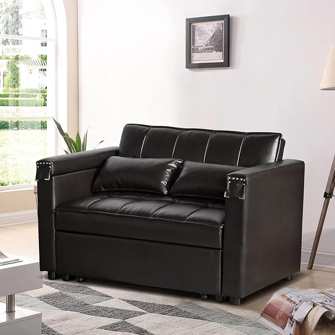 ORRD Convertible Sofa Bed, 3-in-1 Multi-Functional Faux Leather Sleeper Couch Pull-Out Bed, 48'' Loveseat Bed Chaise Lounge with Adjustable Backrest and Hidden Side Table for Living Room, Small Space