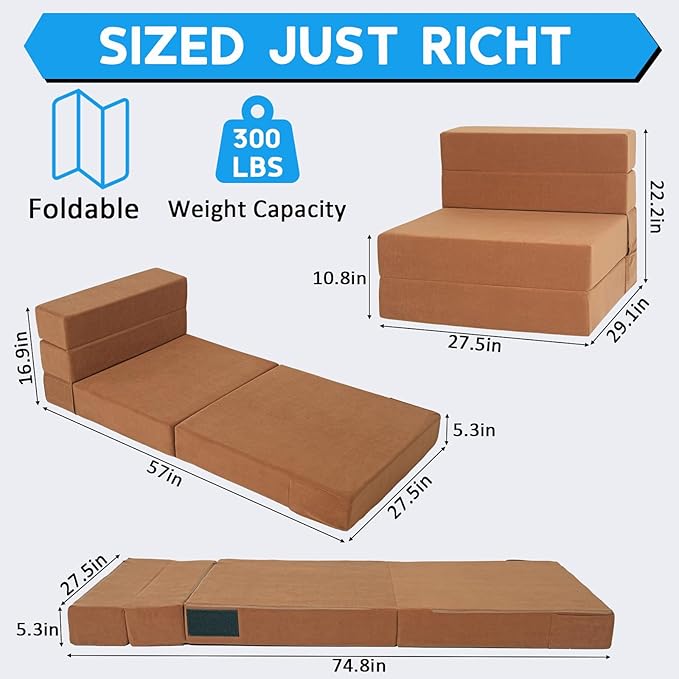 Folding Sofa Bed with Backrest 4 in 1 Convertible Sleeper Chair Memory Foam Fold Out Chair Bed Foldable Mattress Portable Floor Futon Sofa Couch for Living Room/Dorm/Guest Room/Home Office
