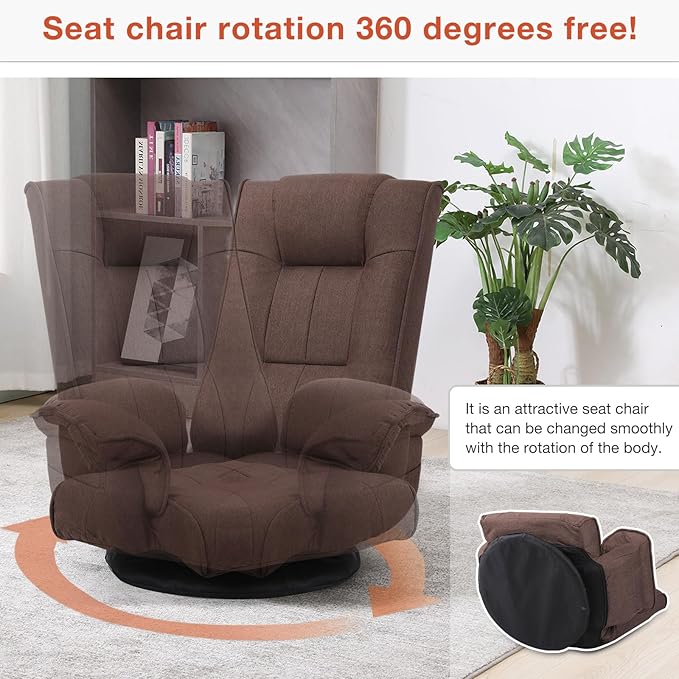 Ergonomic Swivel Floor Gaming Chair with Armrests & Side Pockets, 6-Position Reclining Sofa Bed, Foldable Padded Lounger with Thick Cushion & Lumbar Support for Esports, Reading, TV Watching (Brown)