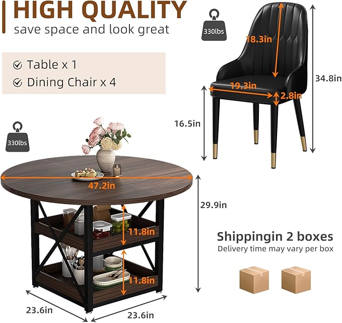 5-Piece Round Dining Table Set for 4 with Storage, Kitchen Table with 4 PU Leather Chairs, Space Saving for Breakfast Nook, Dinette, Dining Room (Walnut Dining Table-4 Black Chairs)