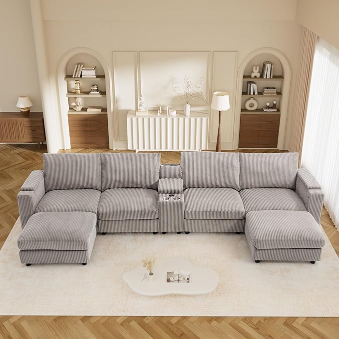 153" W x 60" D U Shape Sectional Sofa with USB Charging & Cup Holder & Storage, 6 Seater Plush Corduroy Couches with Movable Ottoman, Cloud Couch Sofas for Living Room, DIY Combination - Light Grey