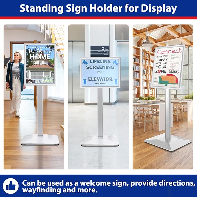 VAIIGO Pedestal Sign Holder 11x17inch Adjustable Floor Stand With Heavy Base & Snap Frame Display for Indoor Outdoor Business Store Poster (Silver)