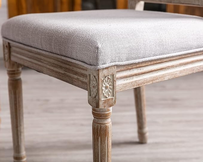 CIMOTA Farmhouse Dining Chairs Set of 4, French Rattan Dining Room Chairs with Rectangle Back/Distressed Wood Upholstered Vintage Side Chairs for Kitchen/Restaurant, Grey/4PCS