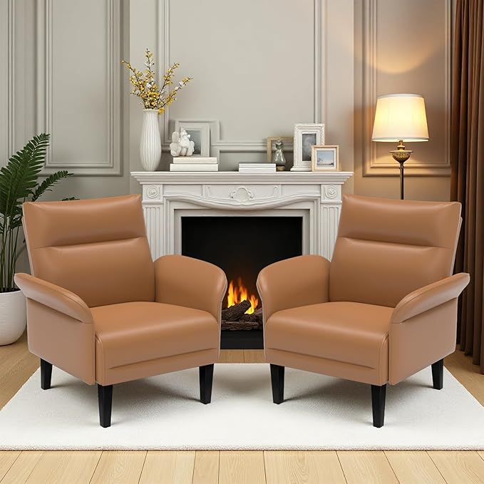 Modern Faux Leather Accent Sofa, Symmetrical Shawl Armchair with Wide Armrests & Wooden Legs, Brown Sofa Chair for Living Room, Apartment, Office