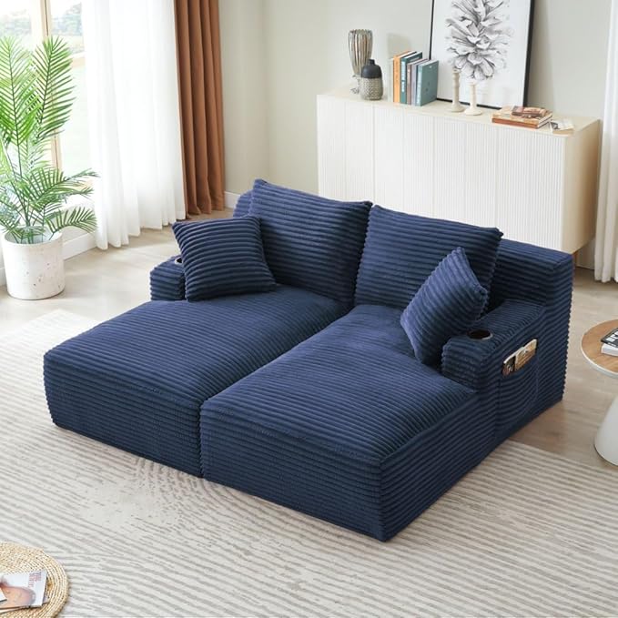 71" Oversized Double Chaise Lounge Sofa Indoor Boneless Sleeper Daybed, Fluffy Corduroy Upholstered Compressed Cloud Couch Loveseat Sofabed, Floor Chair w/Cupholders, Side Pockets for Living Room