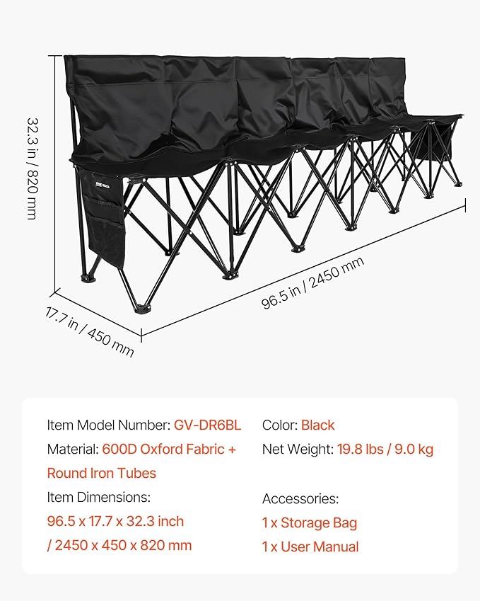 VEVOR Portable Folding Bench, 6 Seat Soccer Bench with Multiple Storage Pockets & Carrying Bag, Lightweight Sideline Seating with Back Rest for Football, Baseball, Camping, Outdoor Events, Black