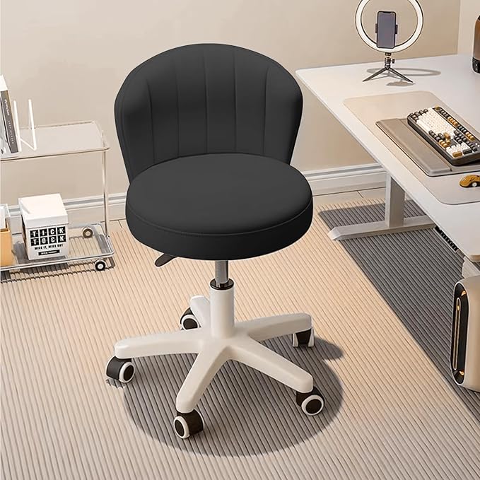 HDHNBA Small Desk Chair Round Rolling Chair with Back PU Leather Height Adjustable Swivel Vanity Work Computer Stool Chair for Home Office Bedroom