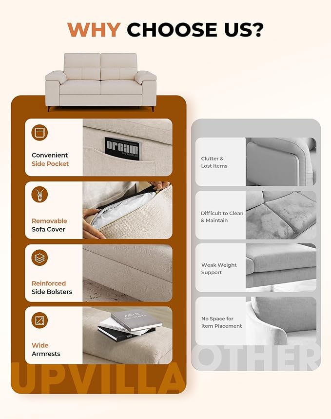 Upvilla 71.25" Modern Sofa Couch for Living Room, Deep Seat Sofas with 8”Cushion, Comfy 2-Seater Chenille Loveseat with Convertible Armrest, Removable Sofa Cover, High Leg (Beige)