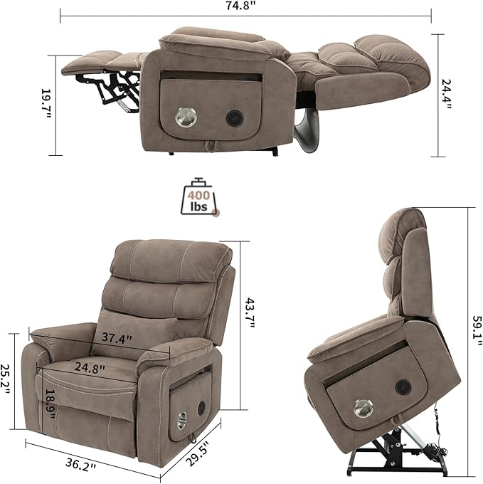 Large Lift Chairs Recliners for Elderly with Heated and Massage, Infinite Position Dual Motor Power Lay Flat Recliner with Cup Holder (Light Brown)