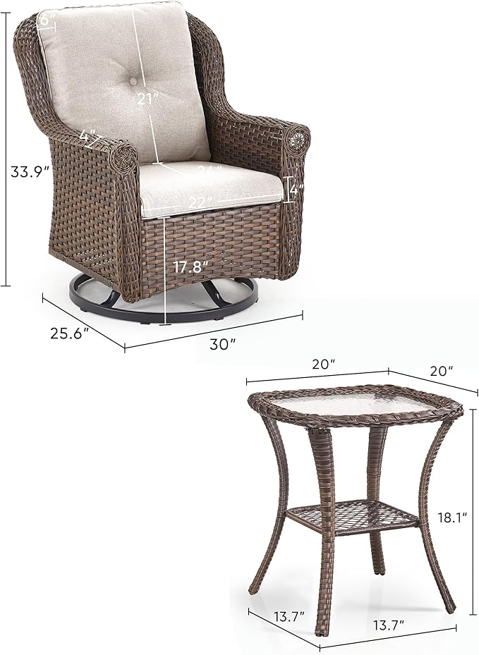 ACTREST 3 Piece Patio Swivel Chairs and Side Table Set - High Back Outdoor Brown Wicker Rattan Rocking Glider with Thick Cushions for Porch Apartment Deck Yard Poolside Garden - Beige